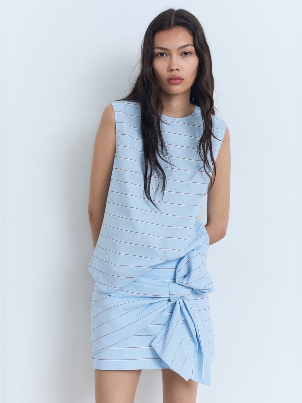 Mango Blue stripped cotton Co-ord set blouse + skirt NWT